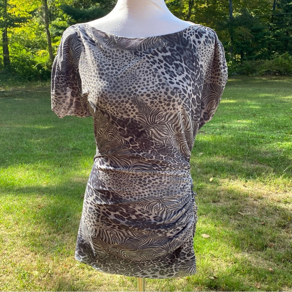 CACHE TOP GRAY STRETCH BOAT NECK CAP SLEEVE TEE BLOUSE RUCHING Size S